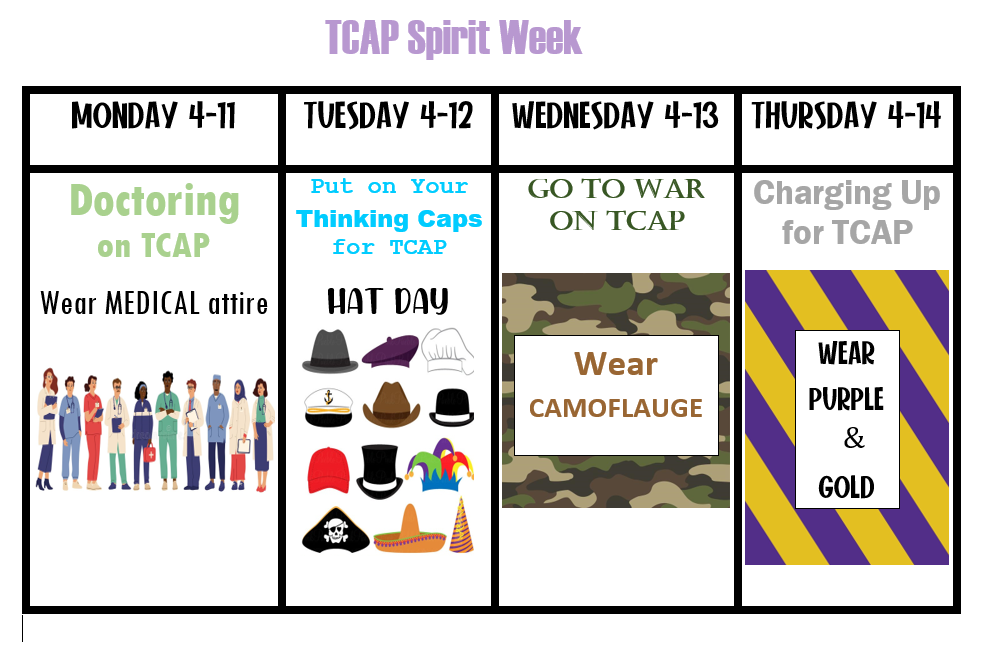 TCAP Spirit Week April 11th to 14th