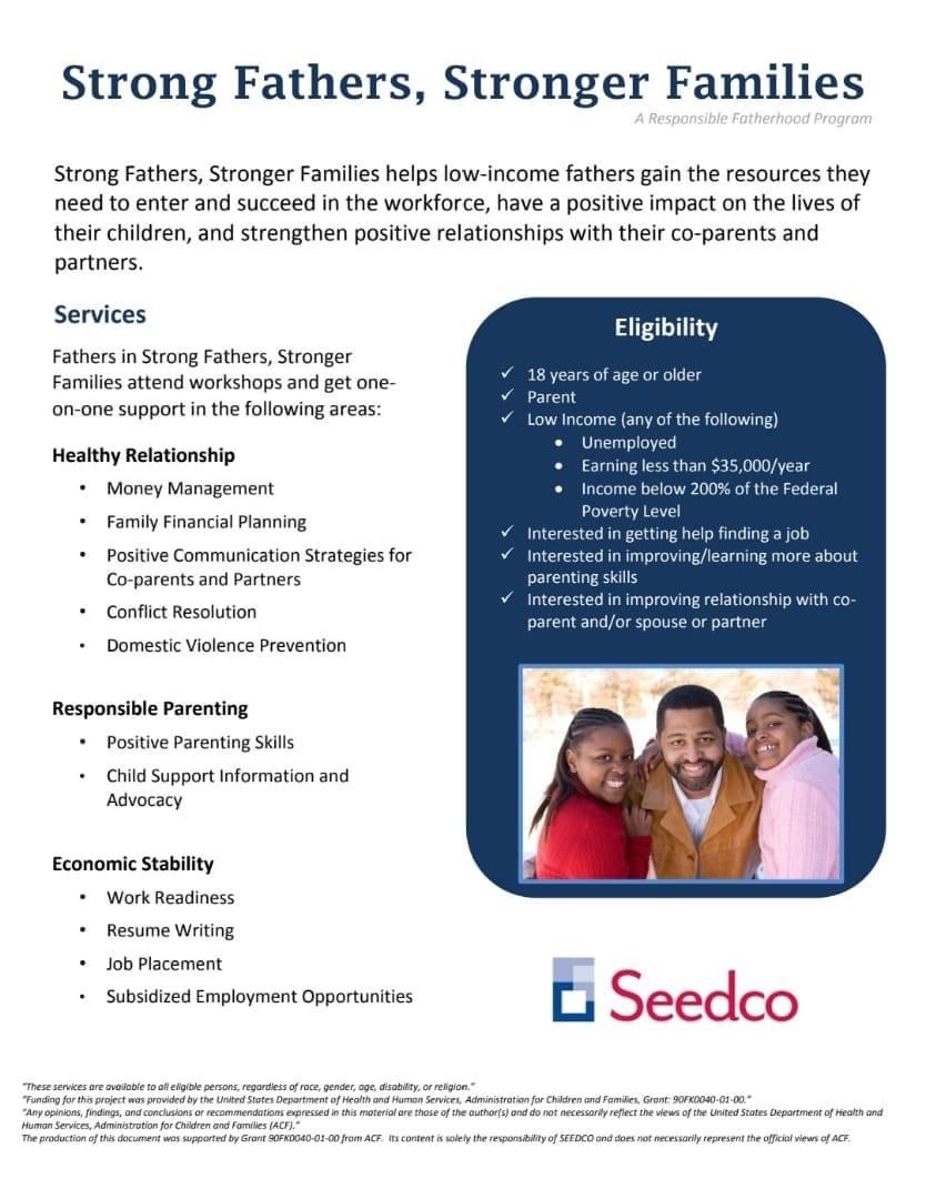 Strong Fathers, Stronger Families helps low-income fathers gain the resources they need to enter and succeed in the workforce, have positive impact on the lives of their children...... click title to read more. 